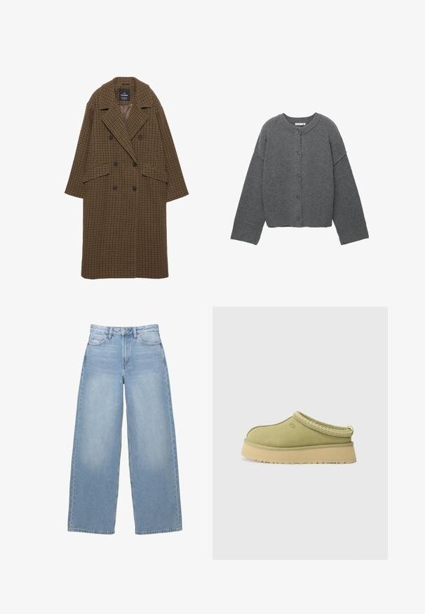 Brown and black check patterned coat, double-breasted design, large lapels, two front pockets, and buttons with a smooth inner lining.; Gray knitted cardigan with a round neckline, dropped shoulders, button closure, and ribbed cuffs at the sleeves and hem.; Three sleeveless tops in black, light green, and beige. Each features a round neckline and a soft, ribbed texture.; Light blue, wide-leg jeans made of denim. Features a high waist, front pockets, and a button closure. Smooth texture with subtle fading.; UGG TAZZ II - Clogs - muted brass