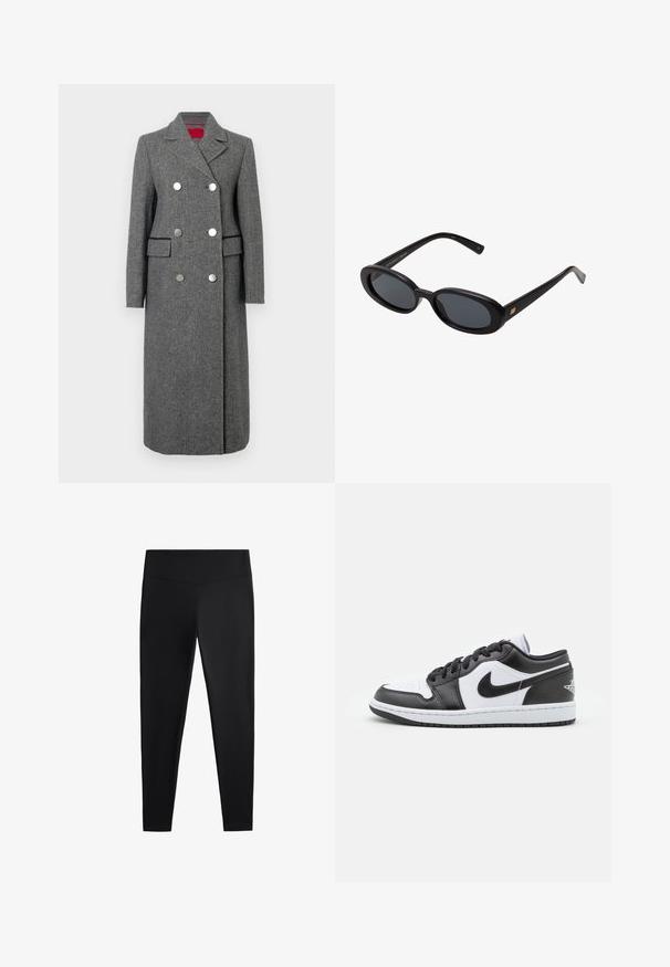 Cappotto in misto lana grigio con vestibilità su misura, design doppiopetto, grandi bottoni argento e tasche laterali. Tessuto liscio con colletto classico.; Maglione a collo alto color panna realizzato in morbido tessuto lavorato a maglia. Presenta polsini e orlo a costine, con una vestibilità rilassata e spalle scese.; Leggings neri realizzati in tessuto liscio e elasticizzato. Presentano una cintura larga e un design a gamba affusolata, adatti per un abbigliamento sia attivo che casual.; Le sneaker Nike a basso profilo in bianco e nero presentano una tomaia in pelle liscia, punta rotonda, chiusura con lacci e una suola in gomma con un motivo.; Occhiali da sole neri oversize con lenti ovali, montatura in plastica liscia e accenti dorati sulle tempie. Le lenti scure offrono protezione dal sole.; Borsa a tracolla in camoscio marrone scuro con tracolla regolabile, dettagli in metallo color oro e grande chiusura a patta frontale.