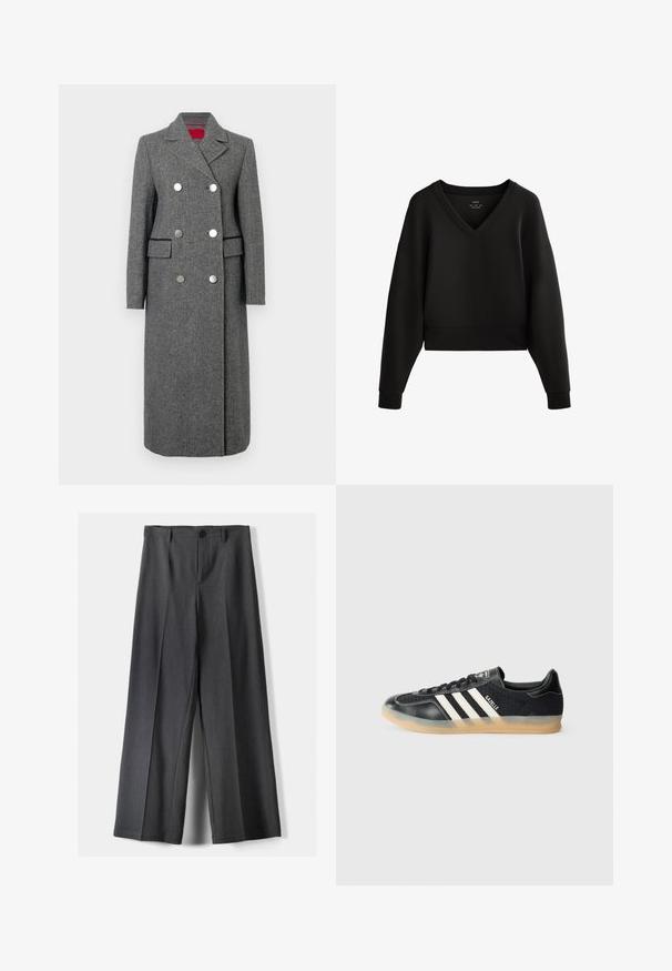 Harmaa villasekoitekot ja, jossa on muotoiltu malli, tuplarivinen muotoilu, suuret hopeanväriset napit ja sivutaskut. Sileä pinta klassisella kauluksella.; Musta lyhytcropattu huppari, jossa on V-pääntie, pitkät hihat ja ribbireunat. Valmistettu pehmeästä ja sileästä kankaasta, minimalistisella muotoilulla.; Housut, joissa on leveät lahkeet tummanharmaasta kankaasta. Varustettu napin sulkemisella, etupleiteillä ja vyölenkeillä. Sujuva rakenne ja räätälöity muotoilu.; Mustat urheilukengät valkoisilla raidoilla, teksturoitu kangas, sileä nahka varpaassa ja kumipohja. Sisältää logon kielekkeellä.