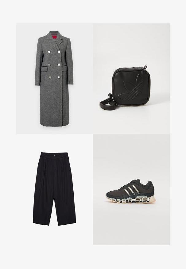 Manteau en mélange de laine gris avec une coupe ajustée, design croisé, grandes boutons en argent et poches latérales. Texture lisse avec un col classique.; Pull long à manches longues blanc, design court, texture douce, col rond, bords côtes aux poignets et à l'ourlet, style minimaliste sans motifs ni éléments visibles.; Pantalon culotte noir en polyester avec une taille élastique, deux plis avant et une silhouette ample. Pas de motifs visibles ni de détails matériels.; Chaussure de sport noire avec un dessus texturé, trois bandes argentées et une semelle amortissante distinctive comportant plusieurs sections intégrées.; Sac bandoulière noir en matériau synthétique texturé. Présente un design de logo en relief et une bandoulière réglable. Fermeture zippée.