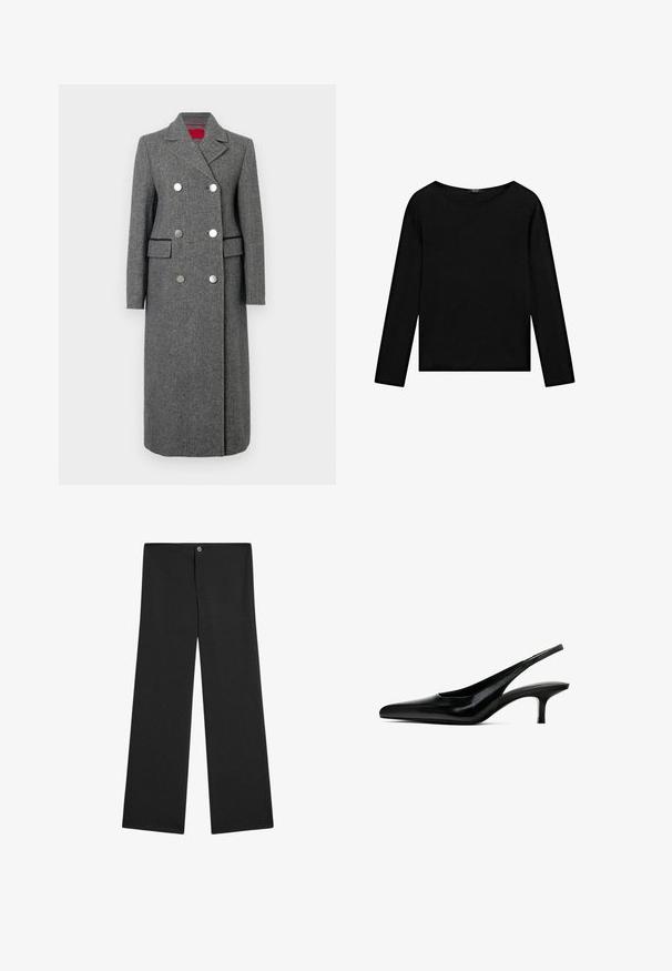 Cappotto in misto lana grigio con vestibilità su misura, design doppiopetto, grandi bottoni argento e tasche laterali. Tessuto liscio con colletto classico.; Maglietta nera a maniche lunghe con scollatura a barca, realizzata in un tessuto morbido con una texture liscia e orlo dritto.; Pantaloni a gamba larga neri realizzati in tessuto leggero, dotati di chiusura a bottone, senza motivi visibili e con una texture liscia e uniforme.; Scarpa slingback nera con punta appuntita, in pelle lucida e con un tacco sottile e basso. Presenta un taglio laterale per garantire traspirabilità.