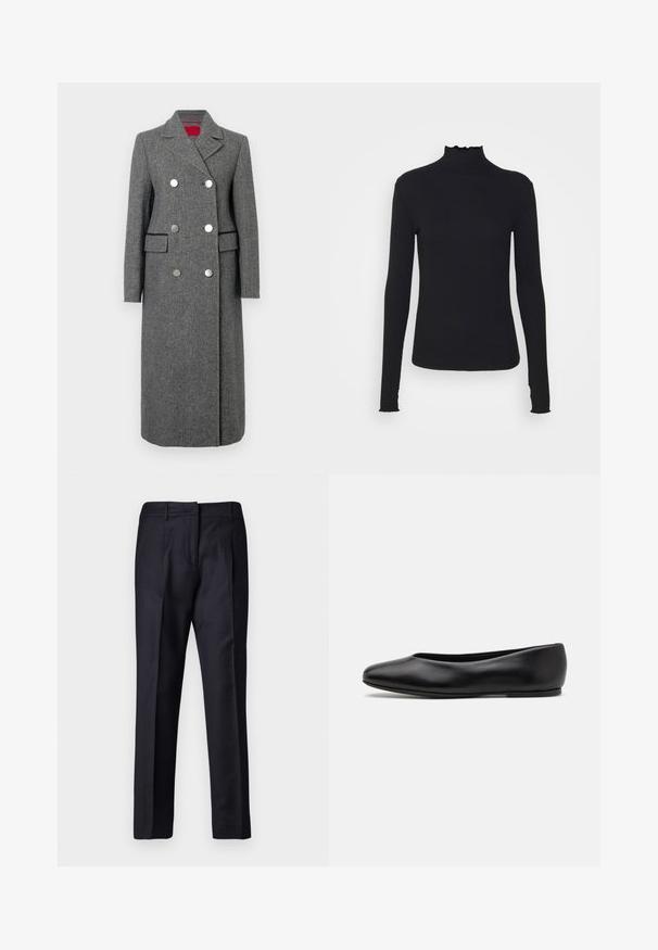 Grau melierter Wollmischmantel mit taillierter Passform, doppelreihigem Design, großen silbernen Knöpfen und seitlichen Taschen. Glatte Textur mit klassischem Kragen.; Schwarz, langärmliges Turtleneck-Oberteil aus glattem Material, mit einem gerafften Kragen und einer enganliegenden Silhouette mit einfachen Kanten.; Marineblaue, maßgeschneiderte Hosen mit glatter Textur, flachem Frontdesign, doppelten Falten und Gürtelschlaufen. Gerader Schnitt, mit umgeschlagenem Saum.; Paul Smith TOPANGA - Klassischer Ballerina - black