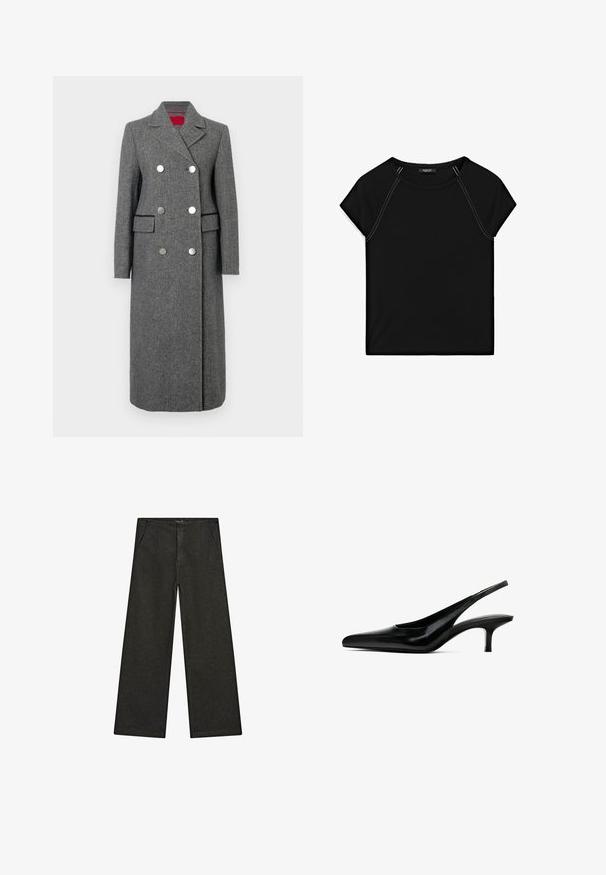 Grey wool blend coat with a tailored fit, double-breasted design, large silver buttons, and side pockets. Smooth texture with a classic collar.; Black short-sleeve top featuring a round neckline and contrast white stitching along the shoulders and sides. Soft, smooth fabric.; Wide-leg black denim pants featuring a mid-rise waist, two front pockets, and a clean, minimalist design with no visible embellishments.; Black pointed-toe slingback shoe with a glossy leather finish and a thin, low heel. Features a cutout on the side for breathability.