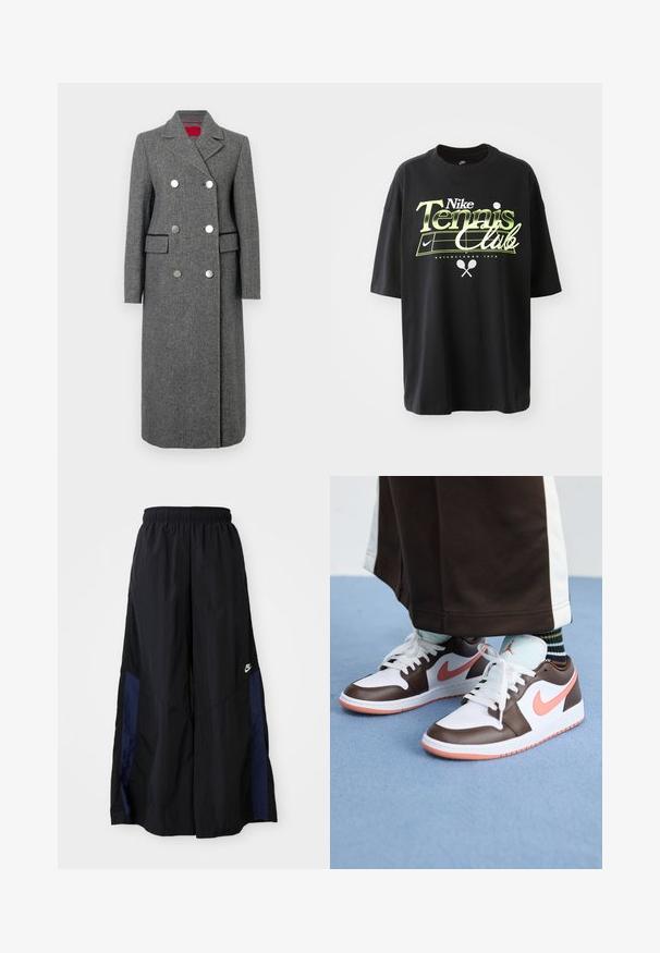Sivý kabát z vlnenej zmesi s prispôsobeným strihom, dvojradovým zapínaním, veľkými striebornými gombíkmi a bočnými vreckami. Hladká textúra s klasickým golierom.; Čierne bavlnené tričko s krátkymi rukávmi, ktoré obsahuje zeleno-biele grafiky "Nike Tennis Club", ilustrácie tenisovej loptičky a rakety.; Čierne voľné nohavice vyrobené z ľahkého materiálu, s námorníckym modrým postranným panelom a elastickým pásom. Malé biele logo na spodnej časti.; Biele a hnedé tenisky Nike Air Jordan s ružovými akcentmi, s nízkym dizajnom, bielymi šnúrkami a textúrovanou gumovou podrážkou.