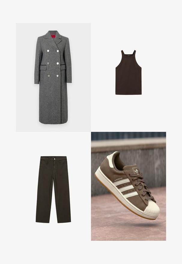 Cappotto in misto lana grigio con vestibilità su misura, design doppiopetto, grandi bottoni argento e tasche laterali. Tessuto liscio con colletto classico.; Massimo Dutti HALTER NECK - Top - dark brown; Jeans a gamba larga di colore verde scuro, realizzati in tessuto misto cotone, dotati di chiusura con bottone frontale, cinque tasche e cuciture classiche in denim.; Sneaker in suede marrone con strisce bianche, accenti crema e punta in gomma. Presenta un design con lacci e una suola in gomma testurizzata.