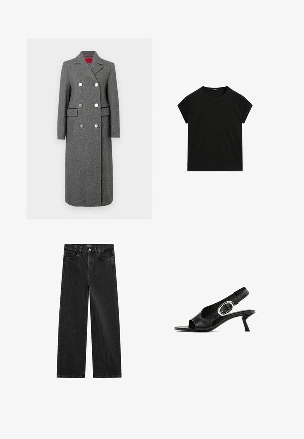 Cappotto in misto lana grigio con vestibilità su misura, design doppiopetto, grandi bottoni argento e tasche laterali. Tessuto liscio con colletto classico.; T-shirt nera a maniche corte con collo rotondo e orlo dritto, presentata in piano su uno sfondo bianco.; Jeans in denim nero a gamba larga con un sottile motivo a righe verticali, dotati di cinque tasche e una chiusura a bottone classica in vita.; Scarpa slingback in pelle nera con punta aperta, dotata di una particolare fibbia ovale argento sulla cinghia e un tacco a rocchetto sottile. Texture liscia.