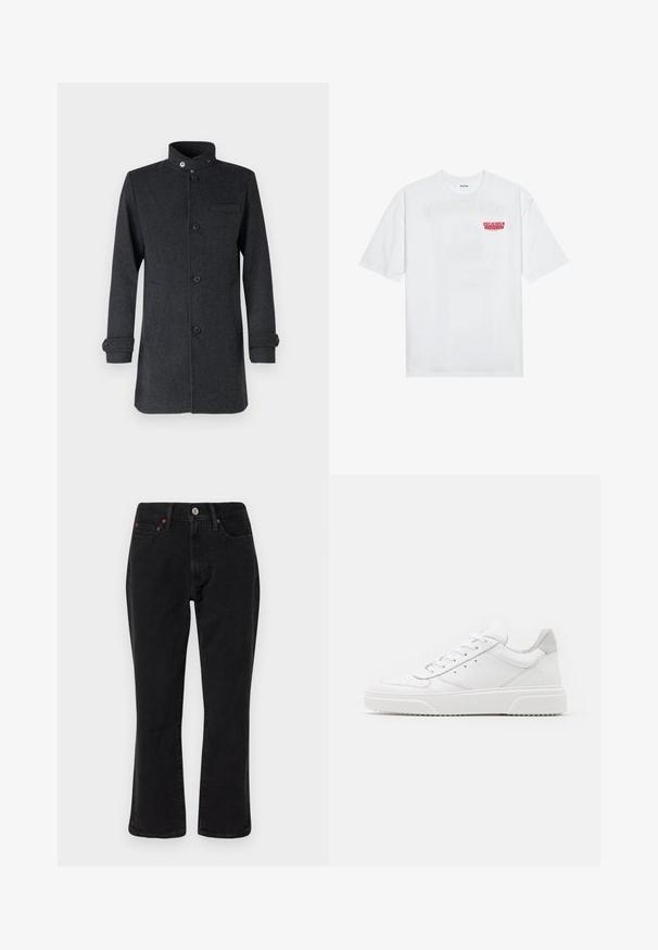 Tmavě šedý kabát s vysokým límcem, předními knoflíky a bočními kapsami. Vyrobeno z texturované tkaniny s ohrnutými manžetami a detailem náprsní kapsy.; Bílý bavlněný tričko s krátkým rukávem a kulatým výstřihem, na přední straně s červeným grafickým textem "VYNIKAJÍCÍ OSVĚŽUJÍCÍ OVOCNÝ".; Černé džíny z denimu s rovnými nohavicemi, pěti kapsami a kovovými doplňky s měděnými akcenty. Hladká textura a střední pas.; Bílé kožené tenisky s hladkým povrchem, zaoblenou špičkou, plochými tkaničkami a texturovanou podrážkou. Šedý semišový detail na patě.