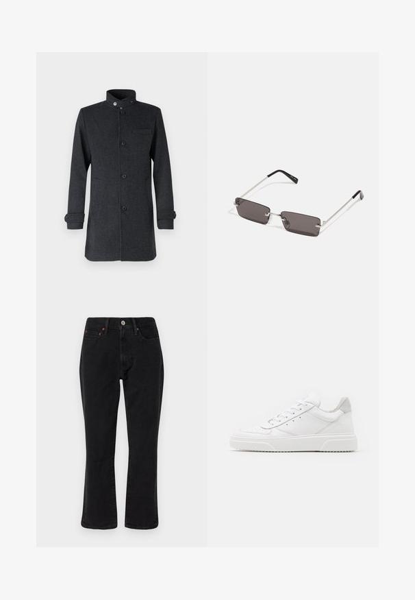 Tamno sivi kaput s visokim ovratnikom, prednjim dugmadi i bočnim džepovima. Izrađen je od teksturirane tkanine s okrenutim manžetama i detaljem džepa na prsima.; Bijela pamučna majica kratkih rukava s okruglim izrezom, s crvenim grafičkim natpisom "UKUSNO OSVJEŽAVAJUĆE VOĆE" sprijeda.; Crne traperice od denima s ravnim krojem, pet džepova i metalnim detaljima s bakrenim akcentima. Glatka tekstura i srednja visina struka.; Bijele kožne tenisice s glatkom površinom, okruglim vrhom, ravnim vezicama i strukturiranom potplatom. Sivi antilop naglasak na peti.; Naočale s pravokutnim, tamnosivim lećama, srebrnim metalnim okvirom i crnim plastičnim vrhovima na ručkama. Lagani dizajn s jastučićima za nos.