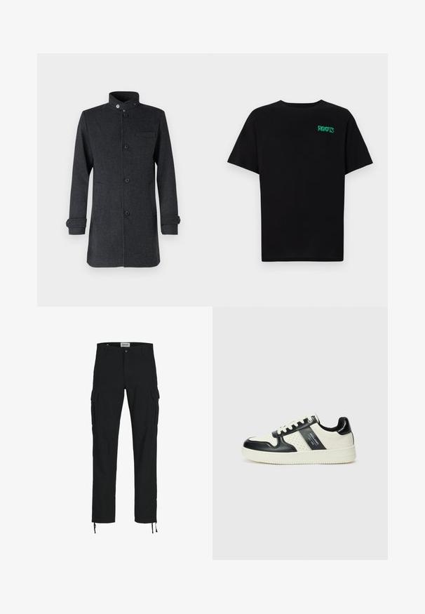 Temno siva bundi z visokim ovratnikom, sprednjimi gumbi in stranskimi žepi. Narejena iz teksturirane tkanine z zavitimi manšeta in detajlom žepa na prsih.; Črna majica iz bombaža z kratkimi rokavi. Na sprednji strani ima zeleno logotip "ROOTS", okroglo ovratnico in standardno prileganje.; Črne cargo hlače s ravnim krojem, opremljene z bočnimi žepi, z gumbom za zapiranje in elastičnimi vrvicami pri gležnjih. Narejene iz trpežnega materiala.; Usnjeni športni čevlji z črno in krem barvno shemo, ki vključujejo perforirane dodatke, podložen ovratnik in strukturirano podplat.
