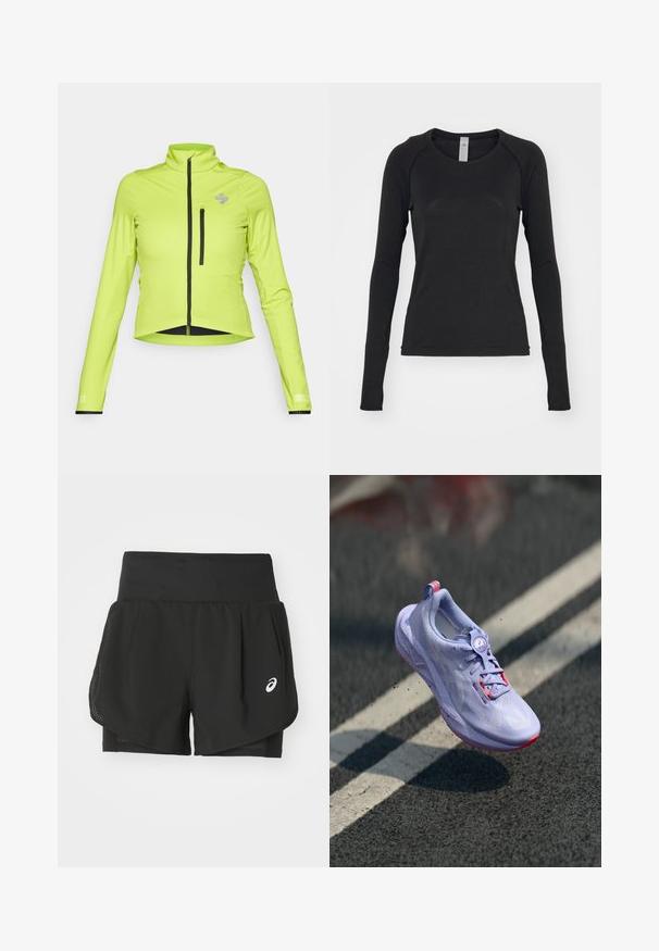 Heldere groene aansluitende jas met lange mouwen, staande kraag, ritssluiting aan de voorkant en een ritssluiting op de borst. Bevat zwarte accenten.; Zwarte longsleeve shirt, gemaakt van zachte stof. Beschikt over een ronde hals en raglanmouwen met duimgaten bij de manchetten. Minimalistisch ontwerp.; Zwarte sportshorts met een ademende mesh-overlay, binnenshorts met een soepele textuur en een wit logo aan de linkerkant.; Lichtpaarse hardloopschoen met een gestructureerde bovenkant, roze accenten, een rond vetersysteem en een gespikkelde zool, verhoogd boven een asfaltachtergrond.