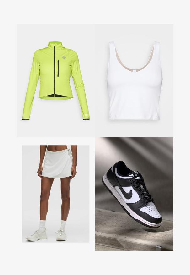 Kerge nähtavusega roheline sobiv jakk pikkade varrukatega, seisva kraega, esitasku lukuga ja rinna tasku lukuga. Omab musti aktsente.; Valge lühike top, millel on ümmargune kaelus ja laiad õlapaelad. Valmistatud siledast ja venivast kangast, millel on kaeluse ääres beež vooder.; Valge sportlik seelik-korts, millel on mähise disain ja mis on valmistatud sileda kangaga. Omab küljes lipsu ning on paaritatud heledate spordikingade ja sokkidega.; Mustvalge Nike Dunk Low tossud nahast ülaservaga, perforatsioonidega varbakoht ja mustad kengid, valge tallaga ja logo aktsentidega.