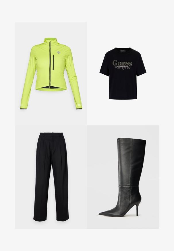 Augstākas redzamības zaļa pieguloša jaka ar garām piedurknēm, stāvam apkakli, priekšējo rāvējslēdzēju un rāvējslēdzēja krūšu kabatu. Iespējas ar melnā krāsā akcentiem.; Melna kokvilnas T-kreklu ar apaļu kakla izgriezumu un īsām piedurknēm. Satur mirdzošu "Guess" logo un tekstu "Izveidots 1981. gadā".; Melni bikses ar izsmalcinātu dizainu, kurām ir augsta josta, izgriezumi un taisnas kājas griezums. Izgatavotas no gludas auduma vienkrāsainā dizainā.; Melna ādas zābaks līdz ceļgaliem ar smailu purngalu un smalku stiletto papēdi, gluda tekstūra, sānu profils neitrālā fonā.