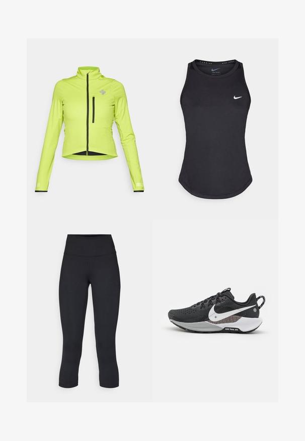 Casaco ajustado de alta visibilidade verde, com mangas longas, gola alta, fecho frontal e um bolso no peito com fecho. Apresenta detalhes em preto.; Top de desporto preto, feito de material que absorve a humidade. Apresenta um decote redondo, corte slim e o logótipo branco da Nike no peito.; Leggings pretos cropped feitos de tecido elástico, apresentando uma cintura alta e uma textura suave, sem padrões ou acessórios visíveis.; Shoe desportivo preto com parte superior em malha texturizada, swoosh da Nike branco, sola escura e detalhes em cinza. Projetado para corrida em trilhos com aderência resistente.