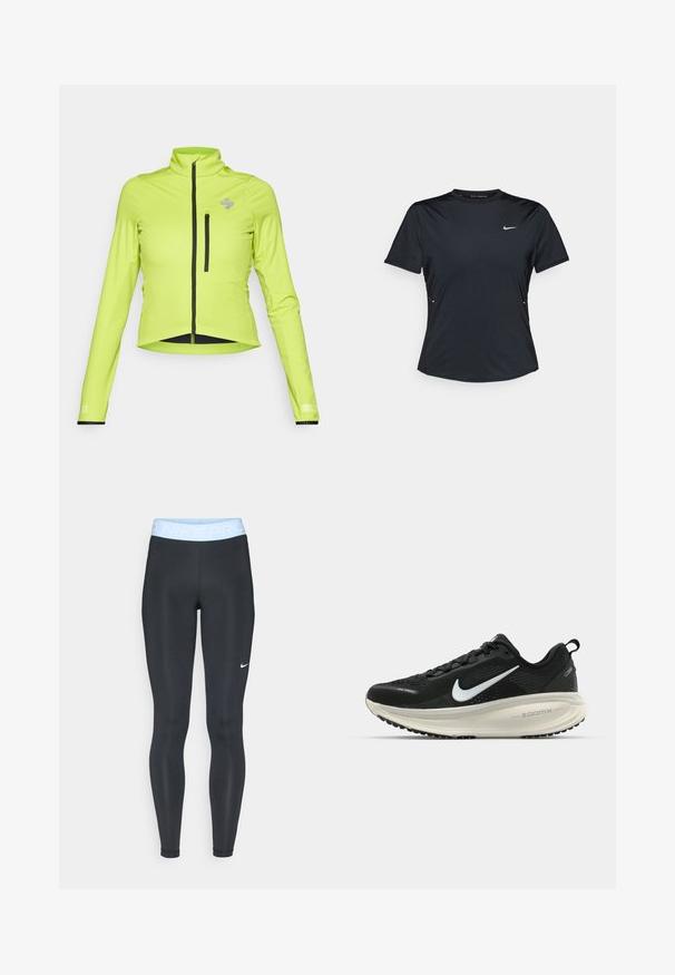 High-vis green fitted jacket with long sleeves, stand-up collar, front zipper, and a zippered chest pocket. Features black accents.; Black short-sleeve athletic shirt made of lightweight, moisture-wicking fabric. Features a crew neck and small white Nike logo on the chest.; Black athletic leggings with a light blue waistband featuring "NIKE PRO" text; smooth texture and fitted design. White Nike logo on the left side.; Black Nike running shoe with breathable mesh upper, white swoosh logo, textured detailing, and a cream-colored ZoomX midsole.