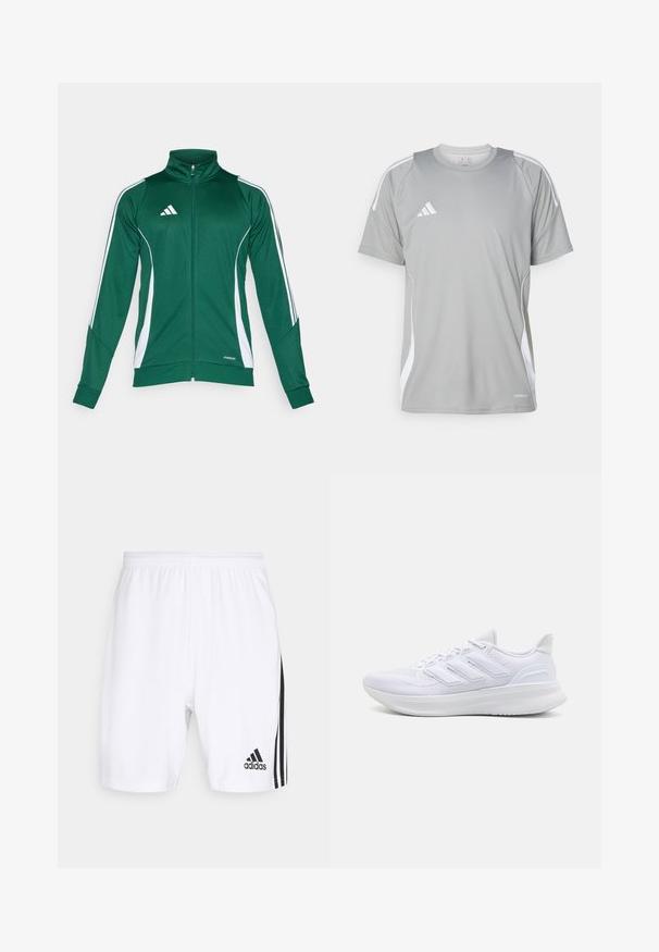 Grüne Sportjacke mit hohem Kragen. Verfügt über weiße Seitestreifen und einen Reißverschluss. Hergestellt aus dehnbarem, glattem Stoff mit tailliertem Design.; Hellgraues Sport-T-Shirt mit kurzen Ärmeln, mit weißen Akzenten und einem Adidas-Logo auf der linken Brust. Hergestellt aus atmungsaktivem Material.; Weiße Sportshorts mit elastischem Bund, versehen mit schwarzen Seitenstreifen und einem kleinen schwarzen Adidas-Logo nahe dem Saum.; Weiße Sportschuhe mit einem strukturierten Mesh-Obermaterial, einer stützenden gepolsterten Sohle und einem drei Streifen-Design an der Seite.