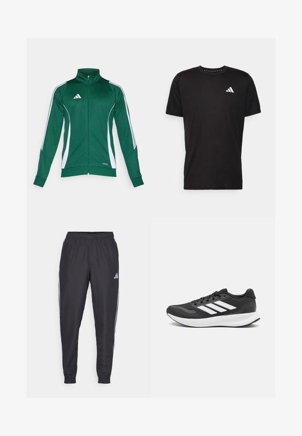 Zelená športová bunda s vysokým golierom. Obsahuje biele bočné pruhy a zips. Vyrobená z elastického, hladkého materiálu s priliehavým strihom.; Čierne bavlnené tričko s krátkymi rukávmi, klasickým výstrihom a bielym logom na ľavej strane hrude. Hladká textúra a jednoduchý dizajn.; Čierne športové nohavice s elastickým pásom, s bielymi pruhmi po bokoch a malým logom na boku. Hladká textúra.; Čierna športová obuv s priedušným sieťovaným zvrškom, bielymi akcentmi a polstrovanou podrážkou. Na bočnej strane sa nachádza logo so tromi pruhmi.