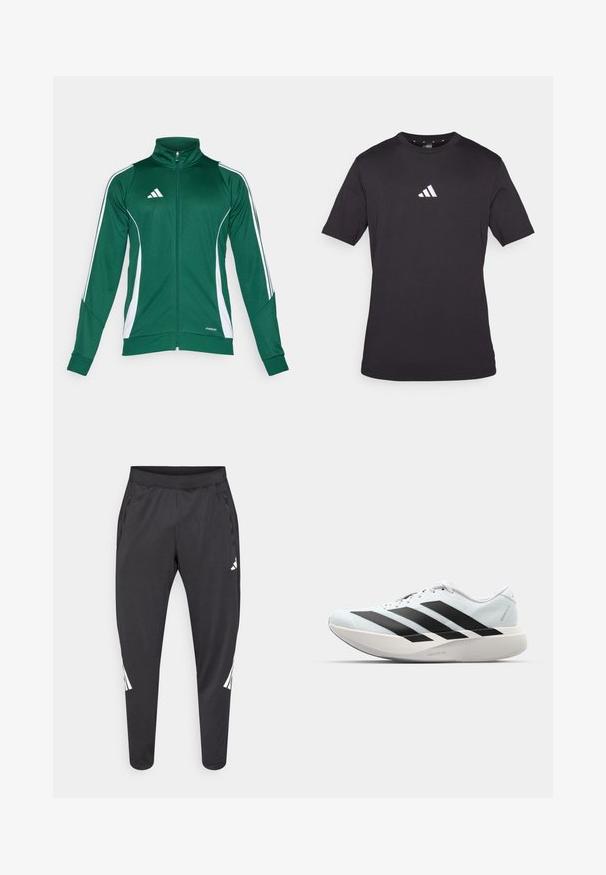 Green athletic jacket with a high collar. Features white side stripes and zip closure. Made of stretchy, smooth fabric with a fitted design.; Black short-sleeve t-shirt made of cotton, featuring a white Adidas logo on the chest, round neckline, and standard fit.; Black athletic pants with tapered legs, elastic waistband, side pockets, and white logo and stripes detailing. Made from a smooth, lightweight material.; Lightweight running shoes in pale blue with black stripes. Features a smooth upper, round toe, and thick white midsole labeled "LIGHTSTRIKE PRO."