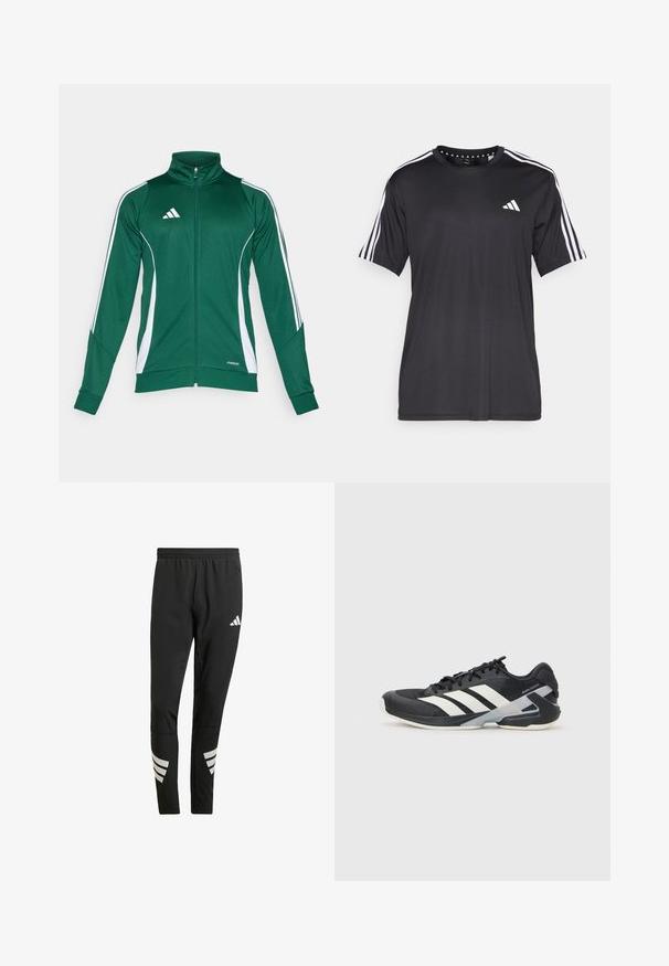 Green athletic jacket with a high collar. Features white side stripes and zip closure. Made of stretchy, smooth fabric with a fitted design.; Black short-sleeve t-shirt with white three-stripe design on shoulders and logo on the chest. Made from breathable fabric, smooth texture.; Black athletic pants with an elastic waistband, featuring reflective white accents in a striped pattern on the lower legs. Made from a smooth fabric.; Black athletic shoe with white stripes, mesh upper, rounded toe, and cushioned sole. Features a textured heel and secure lacing system.