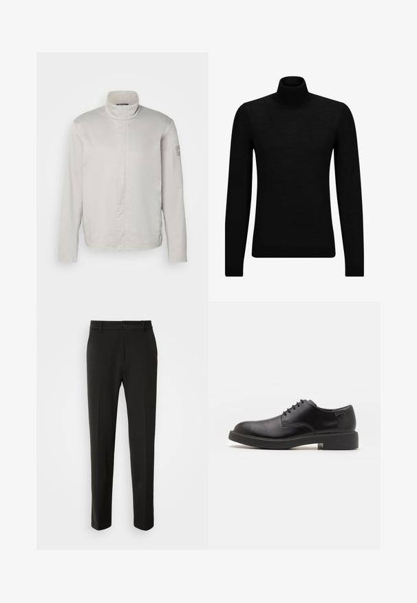Gai pelēks garām piedurknēm apģērbs ar augstu apkakli, gludu tekstūru, priekšējo aizdari un diskreto zīmolu uz piedurknes. Minimālisma dizains.; Melnā augstā kakla džemperis, kas izgatavots no mīksta materiāla, ar garām piedurknēm un pieguļušu piegriezumu. Ribota apdare ap apakšu un piedurknēm. Vienkāršs dizains.; Melnas bikses no gludas auduma ar taisnām kājām, pogu aizdari un klasisku dizainu, kas piemērots gan formālai, gan ikdienišķai valkāšanai.; Melna āda sašūta kurpe ar noapaļotu purngalu, gludu tekstūru, minimālu šuvju skaitu un zemu gumijas papēdi. Logo uz papēža.