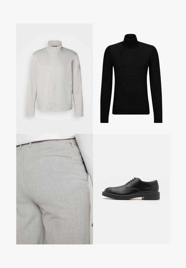 Világosszürke, hosszú ujjú dzseki magas gallérral, sima felülettel, elöl záródással és diszkrét márkázással az ujján. Minimalista dizájn.; Fekete garbó pulóver puha anyagból, hosszú ujjakkal és szoros fazonnal. Ribbed díszítés az alján és az ujjak végén. Egyszerű dizájn.; Világosszürke, texturált anyagból készült szabott nadrág, egyetlen hátsó zsebbel és tiszta varrással.; Fekete bőrcipő, kerek orrú, sima felületű, minimális varrással és alacsony gumitalppal. Logó a sarokrészen.