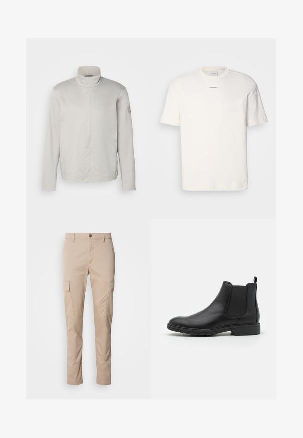 Lys grå, langærmet jakke med høj krave, glat tekstur, lukning foran og subtil branding på ærmet. Minimalistisk design.; Hvid bomulds T-shirt med rund hals, korte ærmer og broderet "Calvin Klein" logo i midten af brystet. Enkel design.; Beige cargo bukser med to sidelommer, slim fit, lavet af letvægtsstof, med en frontknaplukning og bæltesløjfer.; Sort læder Chelsea-boot med elastiske sidepaneler og en løftestrop, der har en rund tå og en tekstureret gummisål.