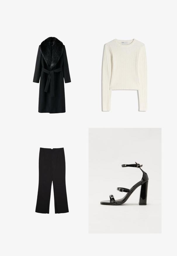 Črn plašč z umetnim krznom na ovratniku, dolgimi rokavi, pasom za zavezovanje in gladko teksturo. Minimalističen dizajn z klasično silhueto.; Beli pulover iz kabela z dolgimi rokavi, okrogel izrez in rebrasta tekstura. Kratek kroj dodaja sodoben pridih.; Črne hlače ravnega kroja z naglavnimi žepi in stranskimi razporki na robu. Narejene iz mehke, gladke tkanine. Primerne za različne priložnosti.; Črne lakaste sandale z visokimi petami, z dvema trakovoma z zaponkama, kvadratnim sprednjim delom in masivno širšo peto, z gladko, sijočo teksturo.