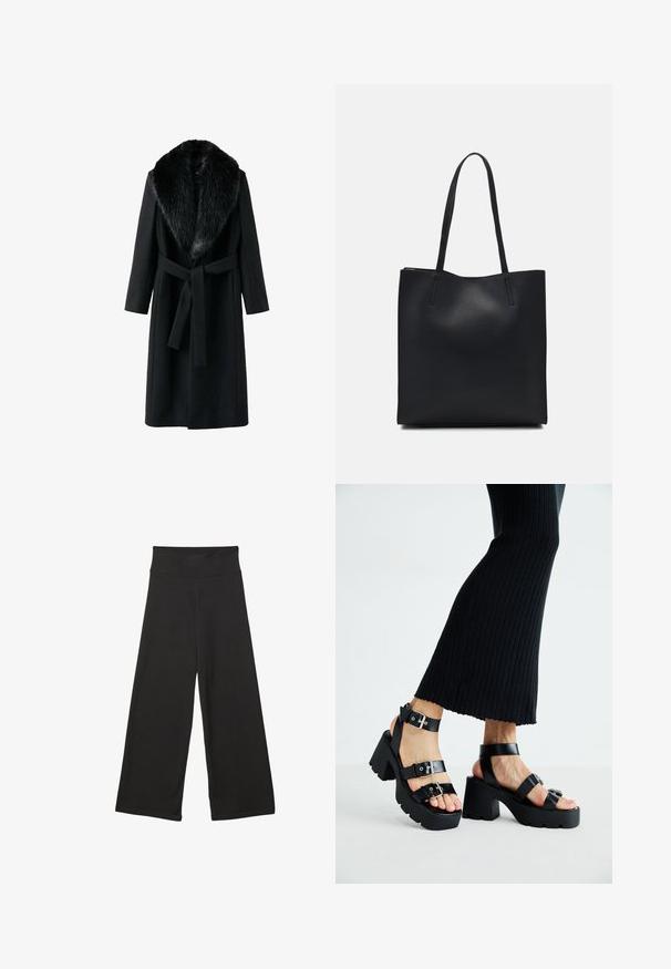 Cappotto nero con colletto in pelliccia sintetica, maniche lunghe, cintura in vita e una texture liscia. Design minimalista con una silhouette classica.; T-shirt nera in cotone con maniche corte, caratterizzata da una piccola grafica di una farfalla rosa sul lato sinistro del petto. Design a girocollo con una vestibilità rilassata.; Pantaloni neri a gamba larga con vita elastica alta, in tessuto morbido e vestibilità ampia, adatti per l'abbigliamento casual o ambienti rilassati.; Sandali neri con piattaforma, suole chunky e tassellate, dotati di molteplici cinturini, con fibbie in metallo e un texture simile alla pelle liscia.; Borsa tote in pelle nera con texture liscia, forma rettangolare e due manici lunghi. Nessun hardware o decorazione visibile.