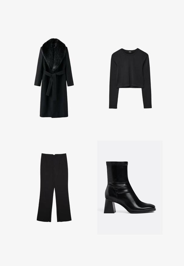 Cappotto nero con colletto in pelliccia sintetica, maniche lunghe, cintura in vita e una texture liscia. Design minimalista con una silhouette classica.; Top cropped nero a maniche lunghe con scollatura tonda, design semplice e orlo leggermente curvo.; Pantaloni neri a gamba dritta, con tasche frontali e spacchi laterali all'orlo. Realizzati in tessuto morbido e liscio. Adatti a diverse occasioni.; Stivali ankle in pelle nera con finitura liscia, punta quadrata e tacco a blocco texturizzato. Presenta un design elastico alla caviglia e cuciture visibili.