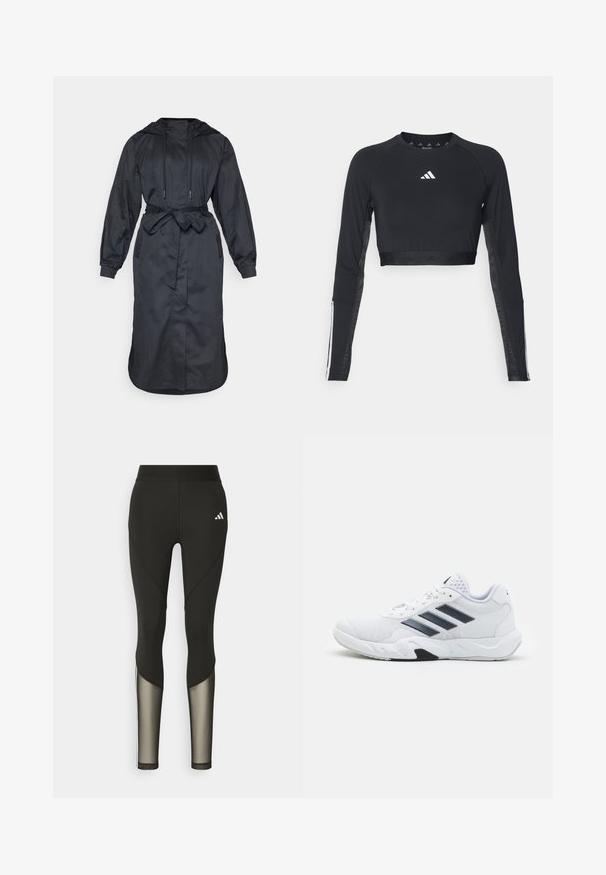 Kerge kangast must kapuutsiga vihmamantel, mis on varustatud vööga taljes, pikkade varrukatega ja küljetaskutega, millel on sile tekstuur.; Mustade lühikeste varrukatega treeningpoliis, mis on valmistatud siledast kangast. Omab valget logo rinnal ja triibulisi aktsente varrukatel.; Mustad mustreeriga mustad sportlikud retuusid kõrge vöökohtadega, millel on võrgusilma aksessuaarid alumistes jalgades ja brodeeritud logo puusal.; Valge spordijalats, millel on võrkpealne, kolm musta triipu küljepeal, tekstuuriga aktsendid ning tugev kummist tallaosa, millel on kontrastne must osa.