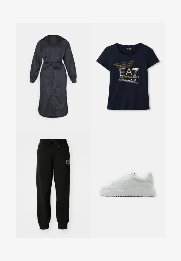 Pelerină de ploaie neagră cu glugă, realizată dintr-un material ușor, având talie cu curea, mâneci lungi și buzunare laterale cu o textură netedă.; Tricou cu mânecă scurtă de culoare albastru marin, confecționat din bumbac, având un logo grafic metallic auriu cu text și accente stilizate de aripă de vultur.; Pantaloni jogger negri dintr-un amestec moale de bumbac, cu talie elastică, șnur și manșete tapered la glezne. Include detaliul cu logo în față.; Adidași albi cu un superior din piele texturată, vârf rotund și design cu șireturi. Talpă din cauciuc albă groasă cu un model de prindere texturat.