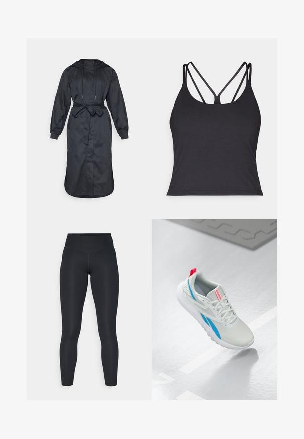 Sort hætte-regnfrakke lavet af letvægtsstof, med bæltestrop i taljen, lange ærmer og sidelommer med en glat overflade.; Sort top med tynde stropper og krydset design på ryggen. Lavet af blødt, strækbart materiale med en tætsiddende silhuet.; Sorte leggings lavet af strækbart stof, med en høj talje, glat tekstur og en kropsnær pasform. Ingen synlige mønstre eller hardware.; Hvide og blå Reebok sneakers med rød trækstrop svævende over en blank gulv med en grå gummimåtte i nærheden.