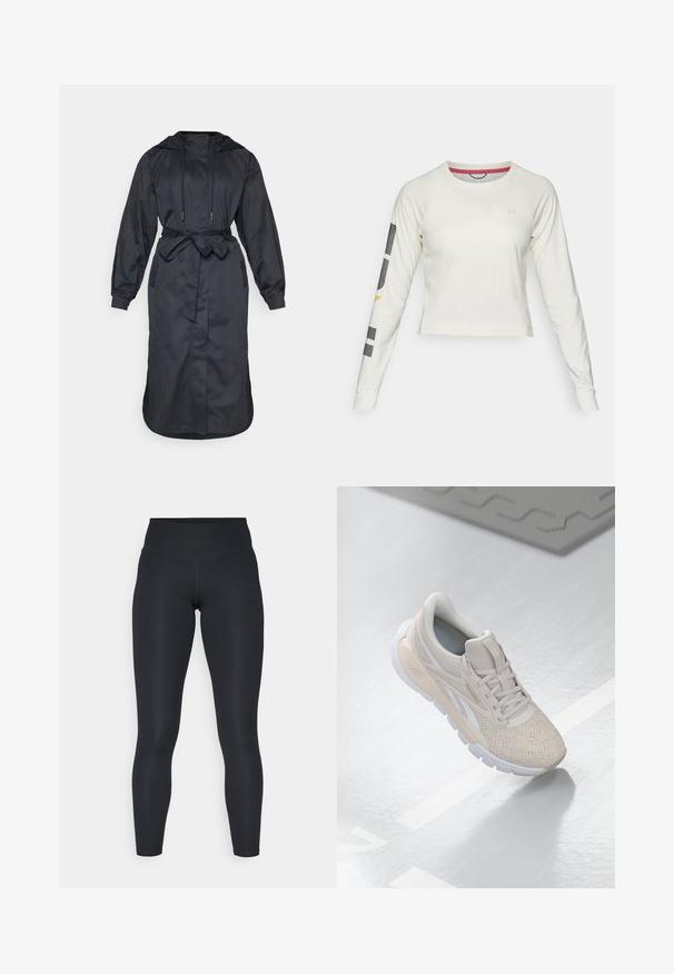 Fekete kapucnis esőkabát, könnyű anyagból, övvel a derékrészen, hosszú ujjakkal és sima textúrájú oldalzsebekkel.; Fénykrém színű, hosszú ujjú crop top, raglan ujjal, kisebb logóval a mellkason és grafikai díszítésekkel a bal ujján.; Fekete leggings rugalmas anyagból, magas derékkal, sima textúrával és testhez simuló szabással. Nincsenek látható minták vagy fémalkatrészek.; Világos bézs színű sportcipő perforált felsőrésszel, texturált díszítéssel, párnázott nyakkal és fehér gumitalppal, amely a kényelem és a légáteresztő képesség érdekében készült.