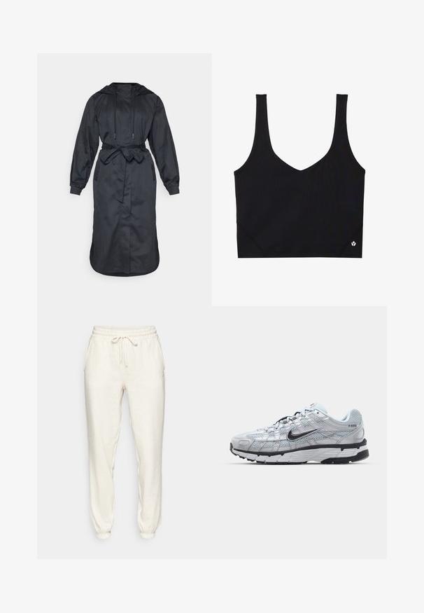Melnā kapuce lietusmētelis, izgatavots no viegla auduma, ar jostas siksnu vidukļa daļā, garām piedurknēm un sānu kabatām ar gludu virsmu.; Melnā sporta krūšturis ar platām siksnām, V-veida dizains, teksturēta auduma materiāls un logo detaļa apakšmalā. Gluda apdare, minimālisma stils.; Gai beige sporta bikses, kas izgatavotas no mīksta auduma, ar elastīgu jostu, kas pielāgojama ar auklu, sānu kabatām un elastīgiem zolēm.; Nike P-6000 sporta apavi ar gaiši pelēku tīkla augšdaļu, melniem akcentiem un izturīgu melnu gumijas zoli. Iekļauj sarežģītu dizainu un saites sistēmu.