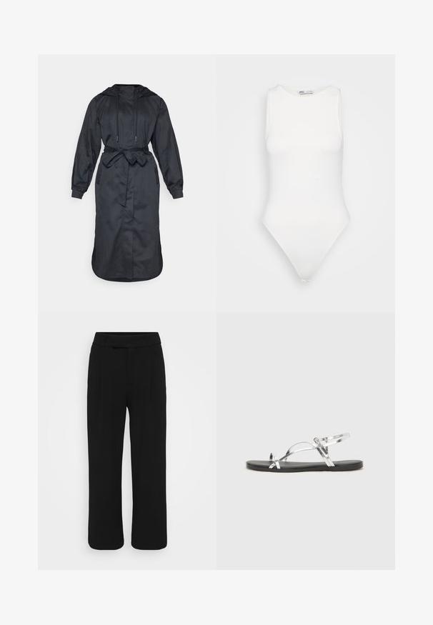 Čierny kapucňový dažďový plášť vyrobený z ľahkej tkaniny, s opasok v páse, dlhými rukávmi a bočnými vreckami s hladkou textúrou.; Biely bezrukávový body s vysokým výstrihom a nohavičkovým strihom. Hladká textúra a priliehavý strih navrhnutý na dosiahnutie priliehavého vzhľadu.; Čierne nohavice s voľným strihom vyrobené z hladkej tkaniny, s plochým predným dielom, pútkami na opasok a bez viditeľných vreciek. Čistý, prispôsobený dizajn.; Strieborné metalické sandále s minimálnym dizajnom, s tenkými popruhmi a čiernou plochou podrážkou. Zaujímavé sú akcenty krížových popruhov.