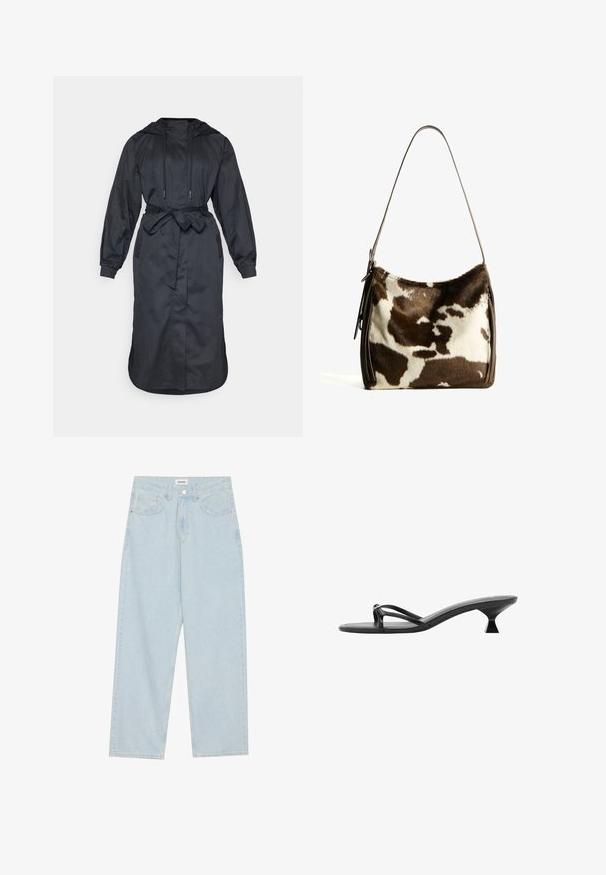 Schwarzer, gepolsterter Regenmantel aus leichtem Stoff, mit einem taillierten Gürtel, langen Ärmeln und seitlichen Taschen mit glatter Textur.; Weißes Baumwoll-T-Shirt mit Rundhalsausschnitt, kurzen Ärmeln und lockerer Passform. Verfügt über ein dezentes Logo auf der linken Brustseite. Glatte Textur.; Helle blaue weit geschnittene Jeans aus Denim, mit mittelhoher Taille, fünf Taschen und einem Knopfverschluss mit einem schlanken Metallelement.; Schwarze High Heels Sandalen mit einem eleganten Design, dünnen Riemen und einem einzigartigen dreieckigen Absatz. Glatte Textur mit einem minimalistischen Look.; Braune und cremefarbene Kuhhaut-Umhängetasche mit einem glatten Ledertrageriemen, Reißverschluss und einer weichen, strukturierten Oberfläche mit einem natürlichen Muster.; Silberne Creolen mit klaren, rechteckigen und dreieckigen Kristallen, die in einem gemusterten Design angeordnet sind. Sicherer Halt durch Stecker.