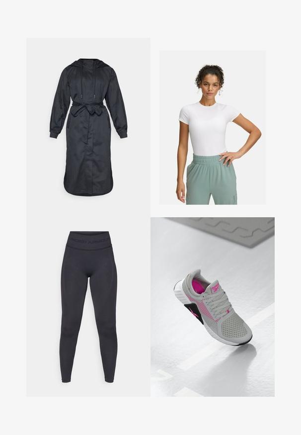 Trinchera negra con capucha hecha de un tejido ligero, con cintura ceñida, mangas largas y bolsillos laterales con una textura suave.; Camiseta blanca ajustada de manga corta, combinada con pantalones de cintura elástica de color verde claro. Textura suave, diseño minimalista y sin patrones visibles.; Leggings negros con una cinturilla elástica alta que presenta el texto "UNDER ARMOUR". Textura suave con detalles de patrón sutil a lo largo de las piernas.; Zapatilla deportiva Reebok en gris y rosa con parte superior de malla y suela detallada, exhibida sobre una superficie blanca reflexiva.
