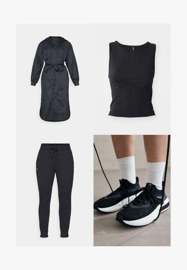 Čierny kapucňový dažďový plášť vyrobený z ľahkej tkaniny, s opasok v páse, dlhými rukávmi a bočnými vreckami s hladkou textúrou.; Čierny športový top bez rukávov vyrobený z hladkej tkaniny, s okrúhlym výstrihom a priliehavým strihom so subtilným logom.; Čierne tepláky s elastickým pásom, nastaviteľnou šnúrkou, rebrovanými manžetami a malým logom na ľavom stehne. Mäkka zmes bavlny.; Čierne športové topánky s textúrovanou tkaninou, bielou podrážkou a čiernymi šnúrkami. Nosené s bielymi rebrovanými ponožkami, postavené na svetlom povrchu.