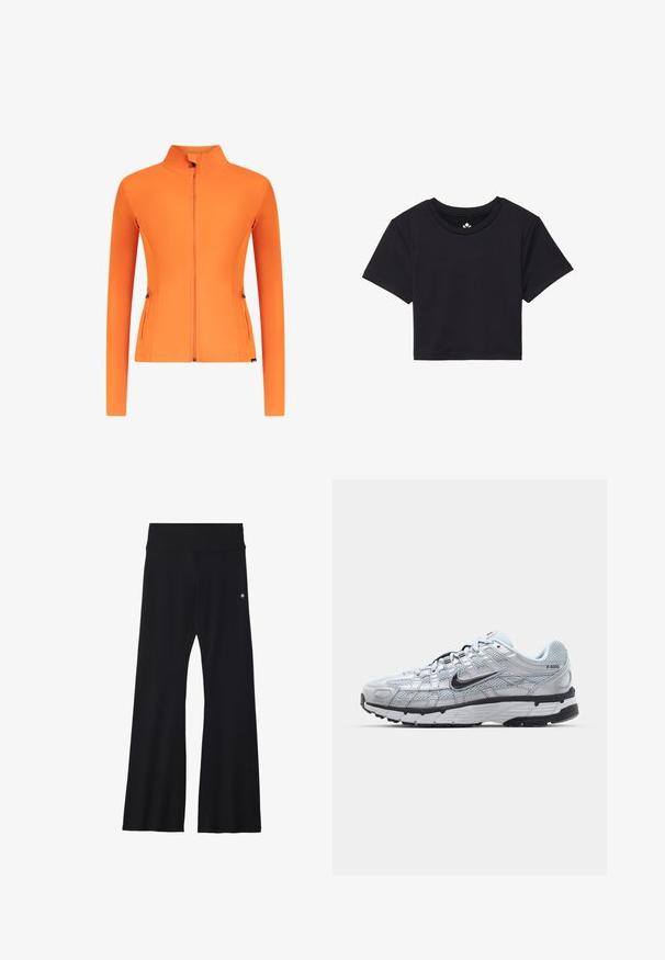 Orange zip-up jacka gjord av ett mjukt, stretchigt material. Har en hög krage, långa ärmar och två sidsfickor med dragkedja.; Svart kortärmad t-shirt med rund halsringning, tillverkad av mjukt material. Minimalistisk design utan synliga mönster eller detaljer.; Svarta vida yogabyxor i elastiskt tyg, med ett brett midjeband och en liten logotyp nära höften. Slät textur, inga mönster.; Nike P-6000 sneakers med en ljusgrå nätövre, svarta accenter och en hållbar sula i svart gummi. Har en intrikat design och snörningssystem.