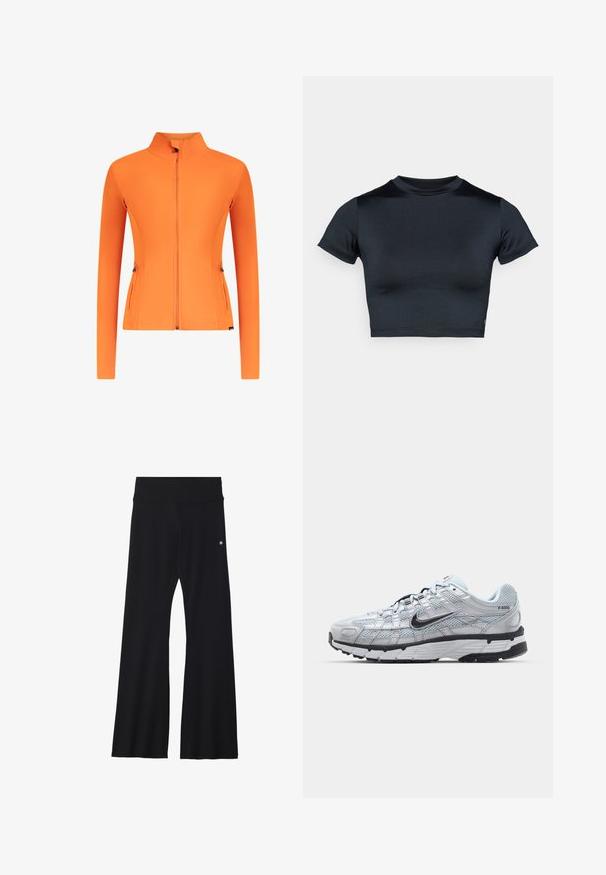 Orangefarbene Jacke mit Reißverschluss, aus glattem, dehnbarem Material. Mit hohem Kragen, langen Ärmeln und zwei seitlichen Reißverschlusstaschen.; Kurzärmeliges, bauchfreies Top in Dunkelblau, hergestellt aus glattem, elastischem Stoff. Verfügt über einen runden Ausschnitt und minimale Nahtdetails. Keine sichtbaren Logos.; Schwarze ausgestellte Hose aus elastischem Material, mit breitem Bund und kleinem Logo an der Hüfte. Glatte Textur und ganzlanger Schnitt.; Nike P-6000 Sneakers mit einem Obermaterial aus leichtem grauem Mesh, schwarzen Akzenten und einer langlebigen schwarzen Gummisohle. Verfügt über ein komplexes Design und ein Schnürsystem.