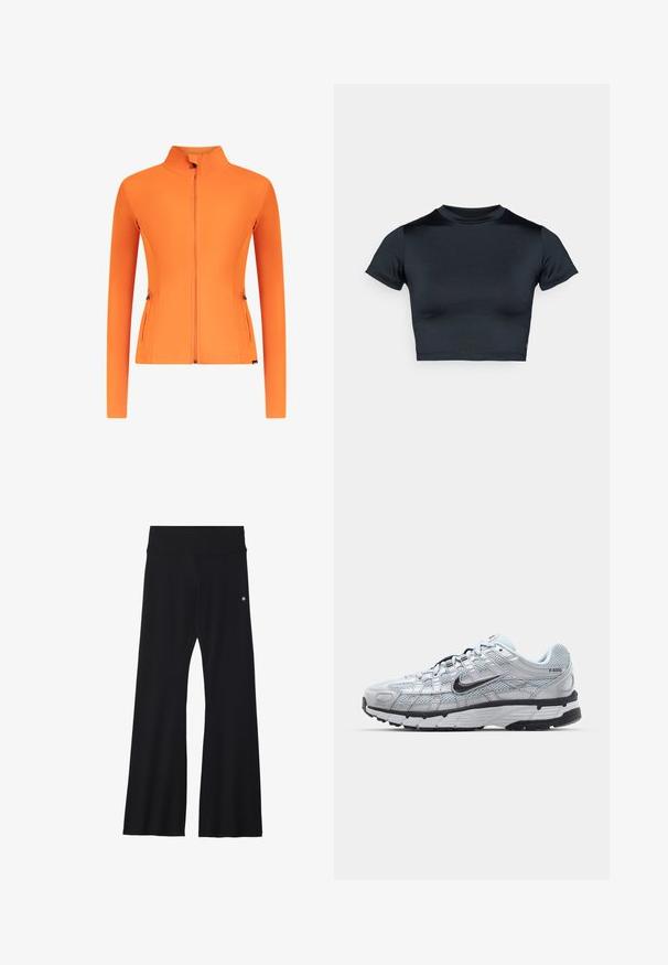 Oranje jas met ritssluiting, gemaakt van glad, rekbaar materiaal. Voorzien van een hoge kraag, lange mouwen en twee zijzakken met rits.; Zwart cropped T-shirt met korte mouwen, gemaakt van gladde stof. Heeft een ronde hals en minimale stikseldetails aan de zoom.; Zwarte flared yoga broek van rekbaar materiaal, met een brede tailleband en een klein logo nabij de heup. Glad textuur, geen patronen.; Nike P-6000 sneakers met een lichtgrijze mesh bovenkant, zwarte accenten en een duurzame zwarte rubberen zool. Kenmerkt zich door een ingewikkeld ontwerp en vetersysteem.