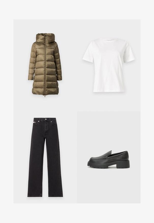 Cappotto imbottito verde oliva, con colletto alto, zip frontale e design a righe orizzontali. Realizzato in materiale lucido e leggero.; T-shirt bianca in cotone con maniche corte, scollatura rotonda e vestibilità rilassata. Struttura liscia, senza motivi né accenti, design minimalista.; Jeans neri a gamba larga in denim, con vita alta, styling a cinque tasche e chiusura con bottone metallico e cuciture a contrasto.; Mocassini in pelle nera con punta arrotondata, suola spessa e testurizzata, e minime cuciture. Design elegante senza lacci o parti metalliche visibili.