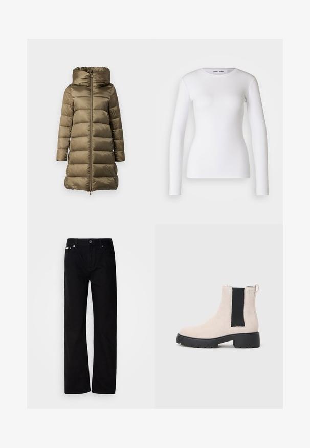 Pufferjack in olijfgroen, met een hoge kraag, rits aan de voorkant en horizontaal gestikt ontwerp. Gemaakt van glanzend, lichtgewicht materiaal.; Witte longsleeve shirt van ribstof, met een ronde halslijn en een getailleerde vorm. Er zijn geen patronen of accenten aanwezig.; Zwarte denim rechte broek met vijf zakken, zilveren klinknagels en een knoopsluiting. De stof heeft een gladde, licht gestructureerde afwerking.; Beige suède Chelsea-boot met zwarte elastische zijpaneel, robuuste zwarte zool en een trekhaak bij de enkel.