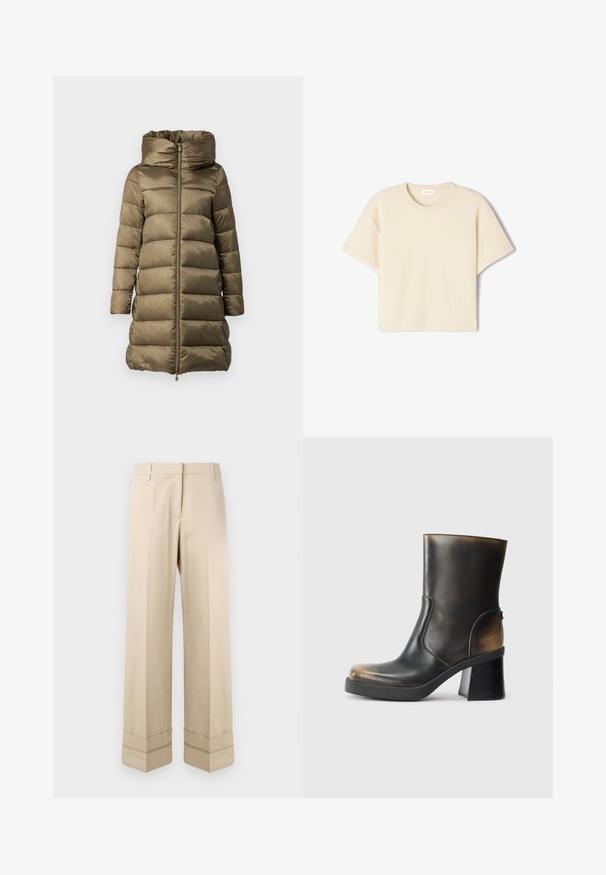 Puffer coat in olive green, featuring a high collar, front zip, and horizontal quilted design. Made from glossy, lightweight material.; Short-sleeve, beige T-shirt made of soft fabric, featuring a round neckline and relaxed fit with subtle texture and no visible patterns.; Beige trousers with a straight fit, featuring a double cuff at the hem and a flat front design. Made of smooth, durable fabric.; Black leather ankle boot with a glossy finish, rounded toe, contrasting tan accents, a block heel, and a side zipper detail.