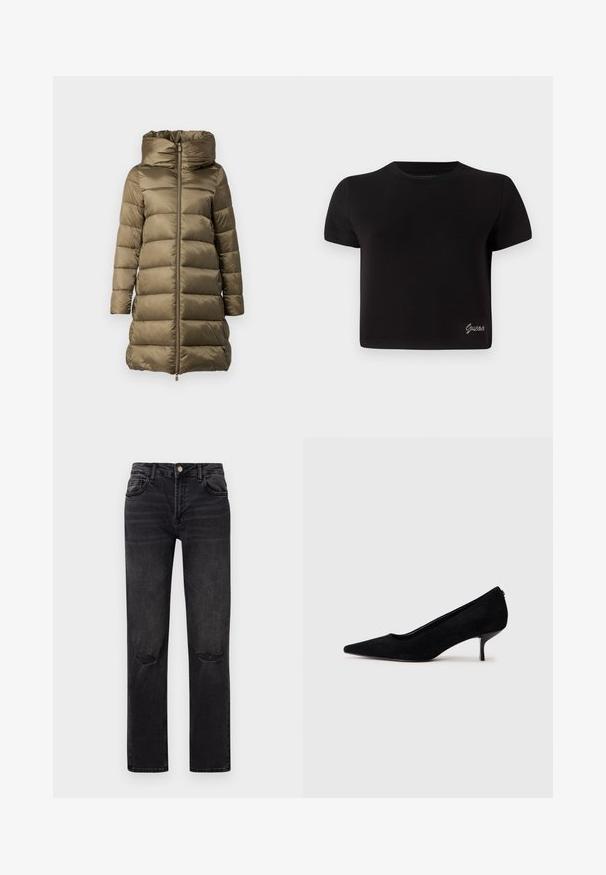 Puffjacka i olivgrön, med hög krage, framzip och horisontellt quiltat mönster. Tillverkad av glänsande, lätt material.; Svart, kortärmad t-shirt i bomull. Har rund halsringning och liten silverfärgad "Guess" logotyp på nedre vänstra sidan.; Svarta denimjeans med rak ben-design. Funktioner inkluderar två framfickor, slitna knädetaljer och en knäppning.; Svart mocka hög klackskor med spetsig tå och en smal, låg klack. Slät textur med en elegant design, utan synlig hårdvara.