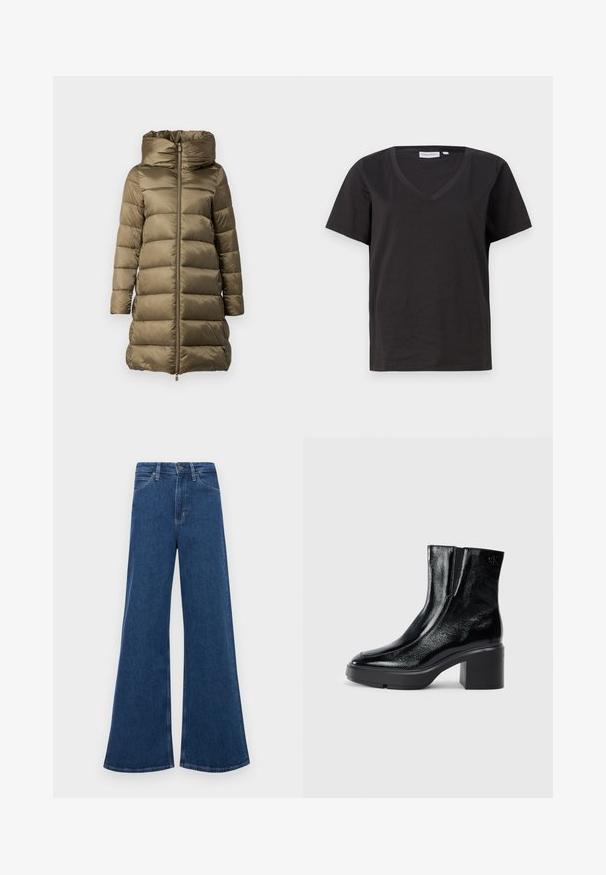 Geacă puffer de culoare verde măslin, cu un guler înalt, fermoar frontal și design matlasat orizontal. Fabricată dintr-un material lucios, ușor.; Tricou negru din bumbac cu decolteu în V și mâneci scurte. Design simplu, cu o croială normală și fără modele sau accente.; Jeans din denim albastru cu talie înaltă, cu o croială evazată, având cinci buzunare, închidere cu nasture și cusături în contrast pe șuvițe.; Bocanci de gleznă din piele lacuită neagră, cu vârf curbat, panouri elastice pe laterale și toc bloc masiv. Prezintă un logo embosat pe spate.