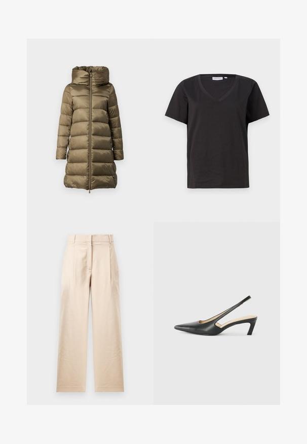 Zeleni puffer kaput u maslinastoj boji, sa visokim ovratnikom, prednjim patentnim zatvaračem i horizontalnim štepom. Izrađen od sjajnog, laganog materijala.; Crni pamučni T-shirt s V-izrezom i kratkim rukavima. Jednostavan dizajn s regularnom krojem i bez uzoraka ili akcenta.; Bež hlače izrađene od glatke tkanine. Imaju ravni kroj, ravni prednji dio i dva nabora. Nema vidljivih uzoraka ili mehanizama.; Crne cipele s izduženim vrhom i remenom oko pete, s niskom petom, izrađene od glatke kože i s izrezbarenom stranom radi prozračnosti.