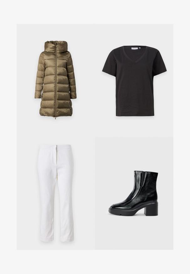 Puffer takki oliivinvihreänä, jossa on korkea kaulus, vetoketjusulku ja vaakasuora tikkikuvio. Valmistettu kiiltävästä, kevyestä materiaalista.; Musta puuvillainen T-paita, jossa on V-kaula-aukko ja lyhyet hihat. Yksinkertainen muotoilu, säännöllinen istuvuus ilman kuvioita tai koristeita.; Valkoiset puuvillahousut suoralla lahkeella, joissa on keskikorkea vyötärö ja ei näkyviä varusteita tai kuvioita. Ehjä pinta kauttaaltaan.; Musta patentoitu nahkasaappaat nilkkoihin, joissa on kaareva kärki, joustavat sivupaneelit ja paksu lohkoilut. Takana on kohokuvioitu logo.