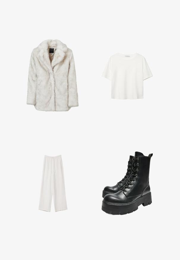 Weißer Kunstfellmantel mit Schalkrägen, langen Ärmeln und geradem Schnitt. Weiches, strukturiertes Material mit glatter Innenauskleidung.; Weißes T-Shirt mit kurzen Ärmeln aus Baumwolle. Hat einen Rundhalsausschnitt und eine lockere Passform. Glatte Textur ohne sichtbare Muster oder Akzente.; Weiße weit geschnittene Hose aus leichtem Stoff. Mit einem elastischen Bund und Kordelzug sowie Seitentaschen. Glatte Textur.; Bershka TRACK - Plateaustiefelette - black