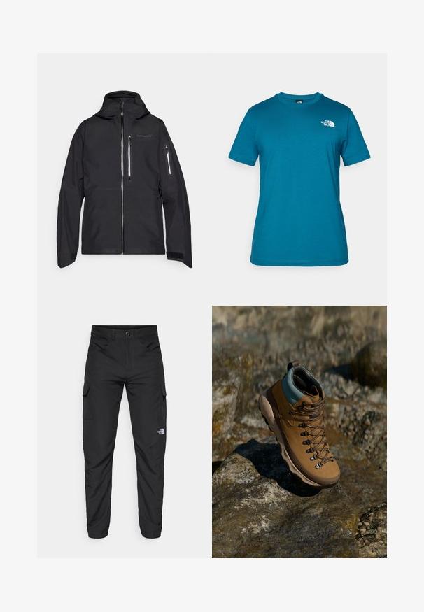 Norrøna LOFOTEN GORE-TEX JACKET - Μπουφάν σκι - caviar; Μπλουζάκι κοντομάνικο σε τιρκουάζ από μαλακό βαμβάκι, με λευκό λογότυπο τυπωμένο στο αριστερό στήθος και κλασικό σχέδιο με στρογγυλή λαιμόκοψη.; The North Face HORIZON PANT - Παντελόνι εξωτερικού χώρου - black; Καφέ ορειβατικό μποτάκι με συνθετικό επάνω μέρος, ανοιχτό μπλε κολάρο, μεταλλικές θηλιές και υφασμένο ελαστικό πάτο. Σχεδιασμένο για εξωτερικές δραστηριότητες.