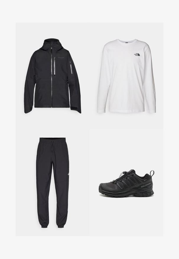 Norrøna LOFOTEN GORE-TEX JACKET - Ski jacket - caviar; White long-sleeve T-shirt made of cotton with a crew neck. Features a small black logo on the chest. Smooth texture, regular fit.; Black athletic pants made from lightweight fabric, featuring a drawstring waistband, side pockets, and tapered cuffs at the ankles.; Black athletic shoe with a textured synthetic upper, cushioned sole, and a quick-lacing system. Features a reinforced toe and heel.